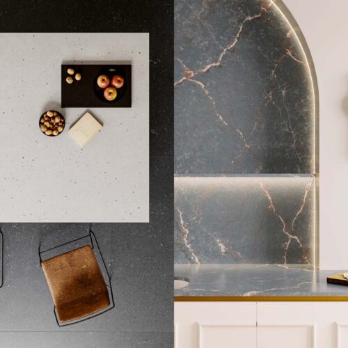 Detalles de materiales de las líneas Silestone Urban Crush y Le Chic.