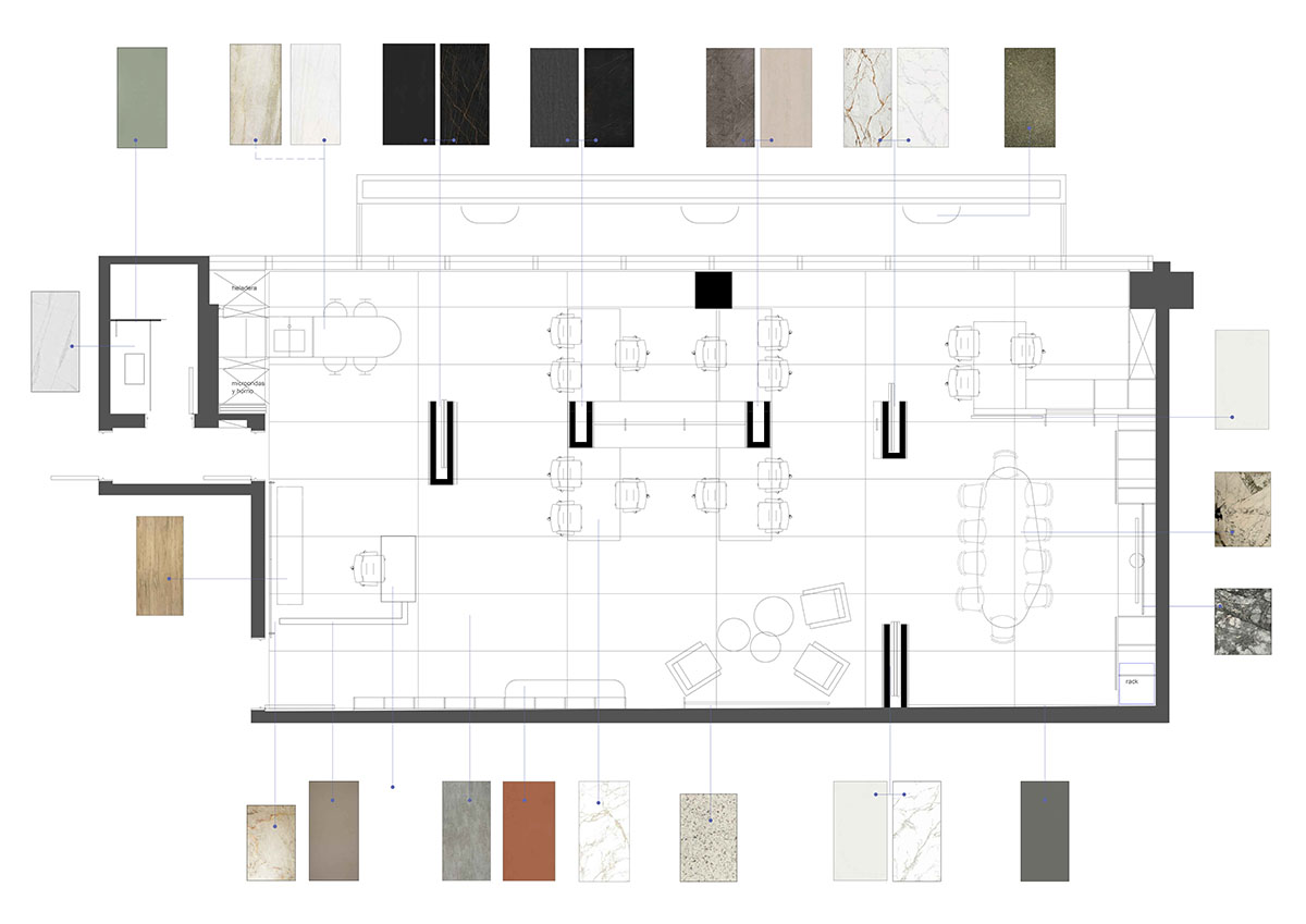 Croquis de materiales para cada espacio del estudio.