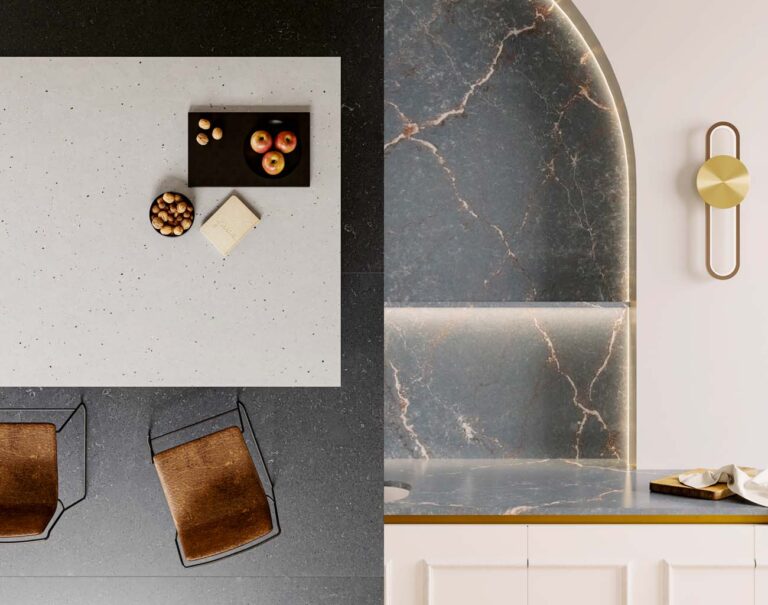 Detalles de materiales de las líneas Silestone Urban Crush y Le Chic.